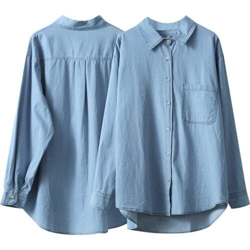 2020 Women Autumn Cotton Denim Turn Down Collar Pure Color Womens Tops And Blouses Blusas Roupa Feminina