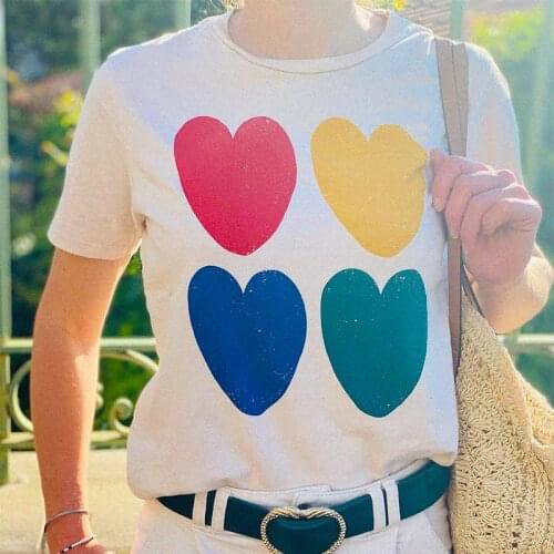 Heart Organic Cotton T shirt Women Short Sleeve O neck Beige Boho Casual Shirts Tops Summer Vintage Printed Tees tshirt