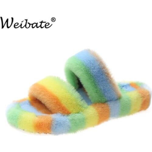 2021 Winter Women Color Match House Slippers Fashion Faux Fur Warm Shoes Female Slip On Home Furry Slides Plush Floor Flip Flops