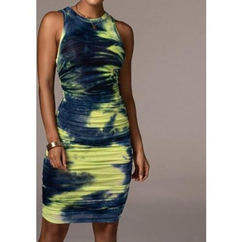 Sexy Tie-Dye Print Ruched Dress Women O-neck Knee-length Dresses Ladies Winter Skinny Partywear Women Elastic Vestidos