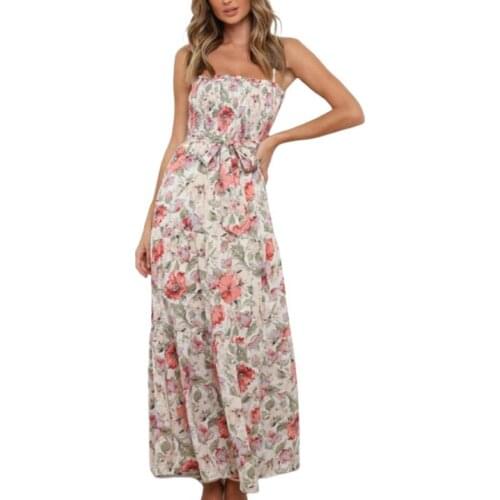 Women’s Casual Suspender Long Dress Summer Fashion Floral Boat Neck Bandage A-line Dress