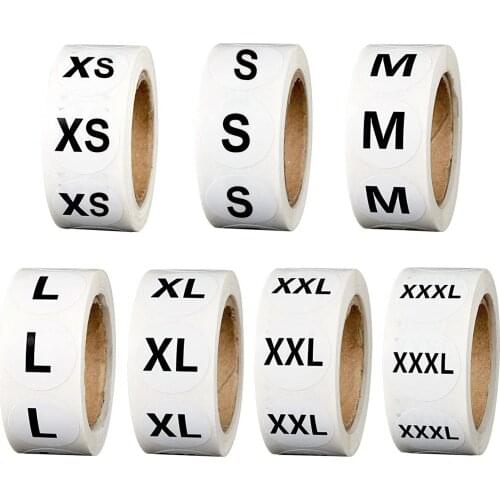 500Pcs 1 inch 7 Sizes Clothing Size Round Stickers Labels White Self-Adhesive Scrapbook Sticker with Black Text ,T Shirts Retail