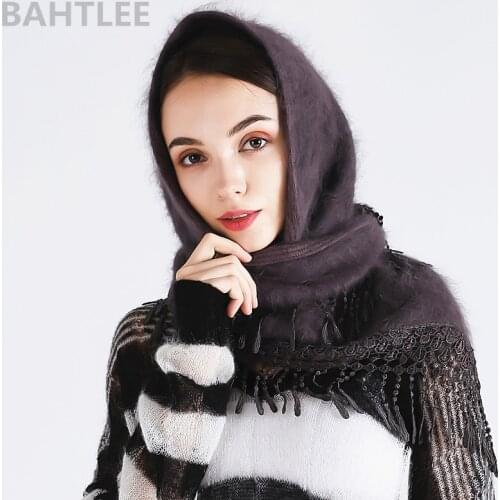 BAHTLEE Winter Muslim Womens Angora Rabbit Turban Hijab Scarf Poncho Triangular Shawl Knitted Real Fur Wrap Cloak Cape