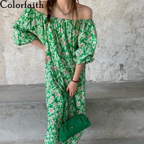 Colorfaith New 2021 Women Summer Dresses Slash Neck Bare Shoulder Oversize Printed Floral Vintage Korean Lady Long Dress DR1711