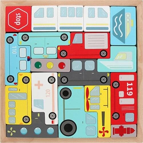 Wooden Puzzles Educational Traffic Themed Brain Teaser Puzzle Infant Cartoon Traffic Tangram Puzzles Educational Toys Kids Gift