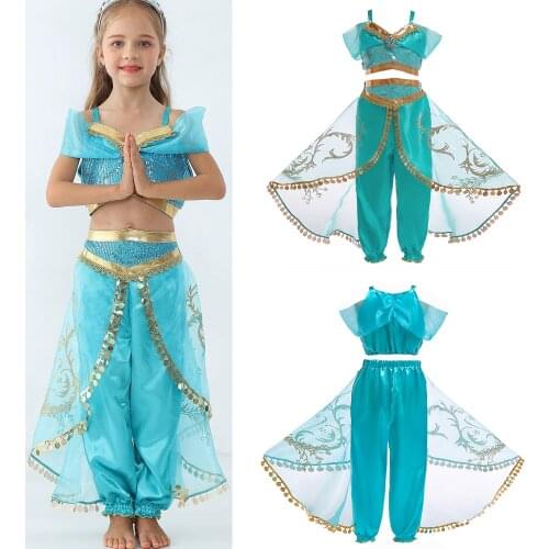 Girls Kid Summer Jasmine Princess Dance Dress Suit Aladdin Halloween Christmas Performance Costume Top Skirt Pant Two piece Set