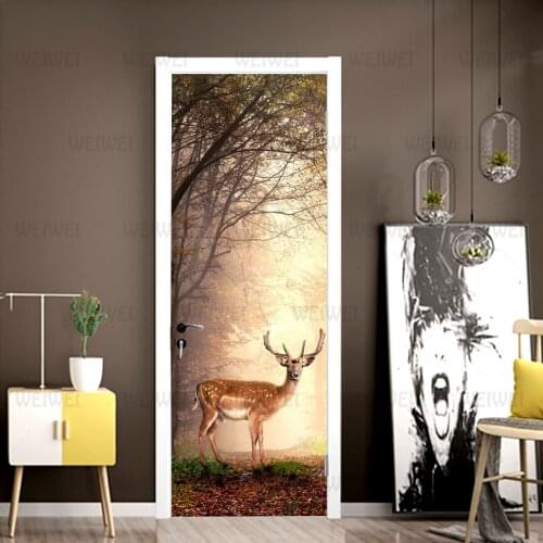 Door Sticker Forest Elk Home Decoration Door Cover Wall Sticker Mural Wallpaper Poster Self-adhesive PVC Movable Waterproof