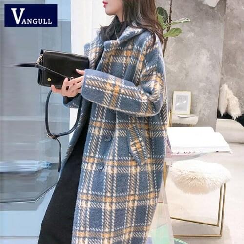 Vangull elegant plaid Women woolen Coats Ladies 2020 Autumn fashion casual Turn-down collar coats Female Long Loose warm outwear