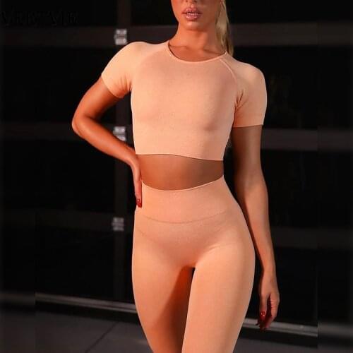 SFIT 2 Piece Set Women Seamless Set Women Yoga Set Short Sleeve Crop Top High Waisted Sports Pants Gym Clothing Jogging Suits