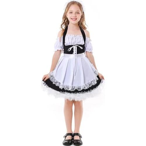 S-L Girls Halloween Maid Costumes Kids Children Waitress Housekeeper Cosplay Carnival Purim Parade Stage Role Play Party Dress
