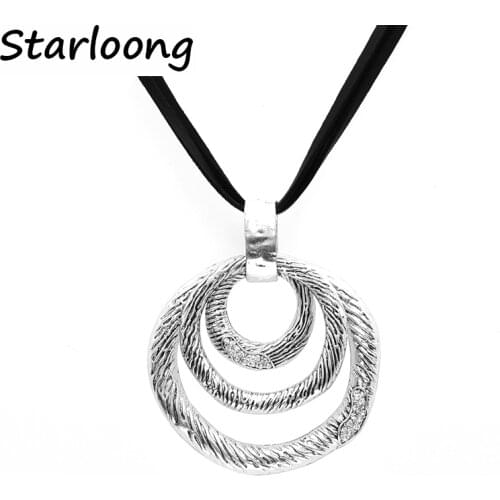 New latest Vintage Jewelry alloy round and irregular circle pendant rhinestone genuine leather chain necklace women men