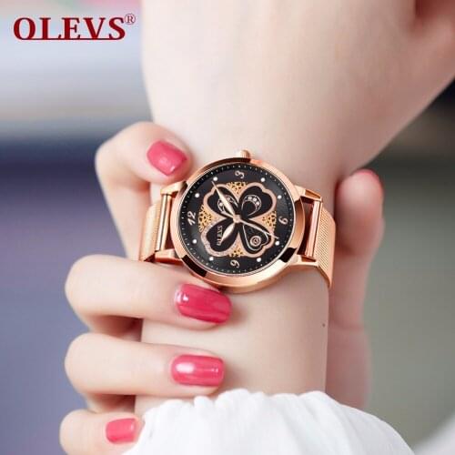 OLEVS Fashion Red Leather Alloy Quartz Luminous Hands Luxury Flower Design Waterproof Women Wristwatches Reloj Mujer L5188D