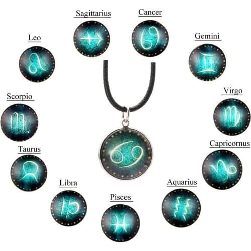 2021 New Fashion 12 Constellation Design Zodiac Sign Horoscope Round Pendant Necklace For Women Men Glass Cabochon Jewelry