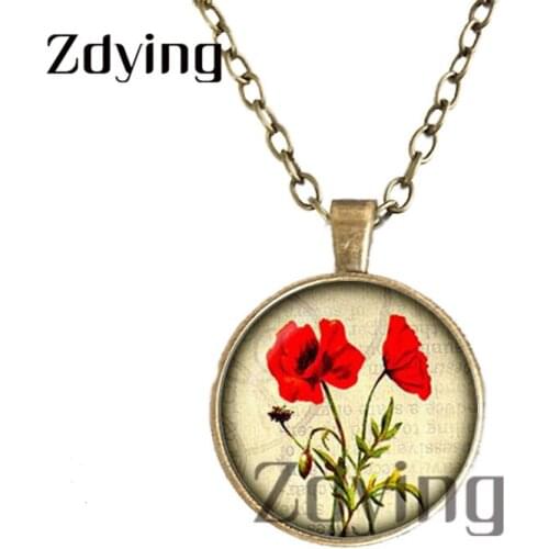 Zdying Retro Red Plant Flowers Necklaces Glass Art Picture Cabochon Round Pendant Necklace For Woman Girls Party Gift YS030
