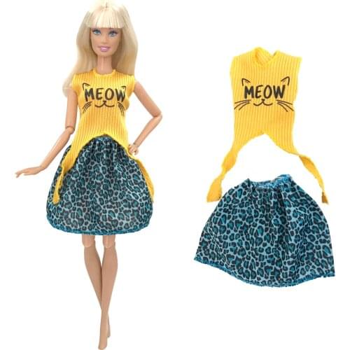 1 Set Doll Dress Fashion Cat Pattern Doll Vest + Leopard Skirt Blue Dress Accessories Yellow Clothes for Barbie Doll Toy