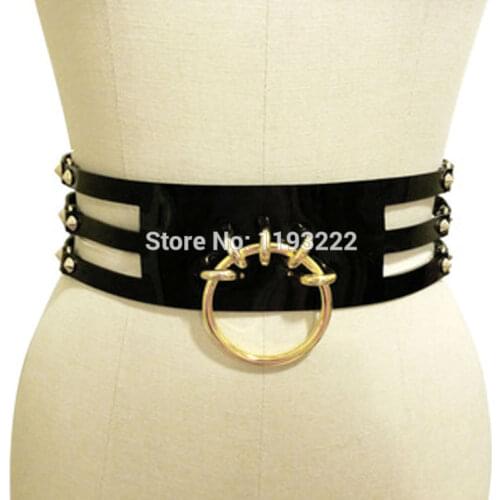 Handmade 100% Punk Rock Three Row Caged O shaped Leather Gold Silver Metal Waist Belt Straps