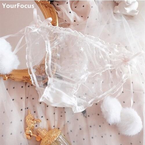 Lolita Sexy Kawaii Briefs Lace Culotte Femme Bow Furry Ball Multicolored Stars Mesh Perspective Panties Bielizna Underwear Women