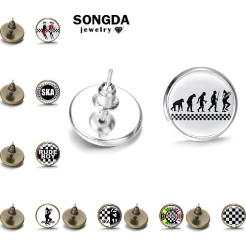 SONGDA Punk Rude Boy Rude Girl SKA Stud Earrings Funny Black White Glass Round Dome Vintage Earrings For Women Art Jewelry Gift