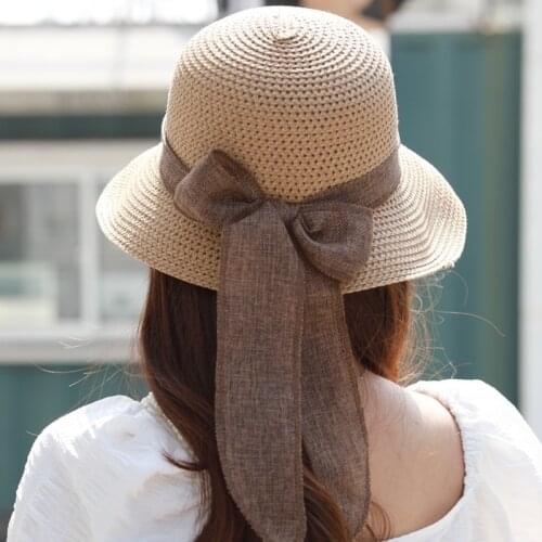 Summer Beach Hat Female Casual Hat Ladies Ladies Flat Eaves Bow Straw Hat Girls Sun Hat