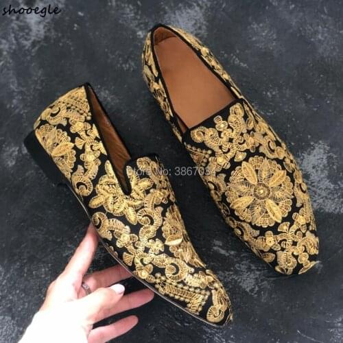 SHOOEGLE Men Wedding Shoes Golden Emebroidered Loafers Crystal Studs Flats Floral Embroidery Shoes Party Shoes Zapatos Hombre