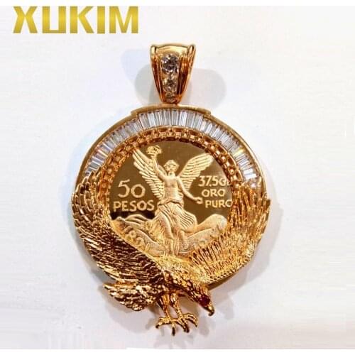 Xukim Jewelry Custom Pendant Eagle Wings Cubic Zirconia Gold Mexican Coin Pendant Necklace