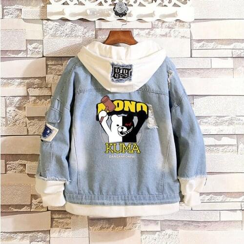 Danganronpa Denim Hoodies Monokuma Cosplay Jeans Jacket Halloween Adult Zipper Hooded Coat