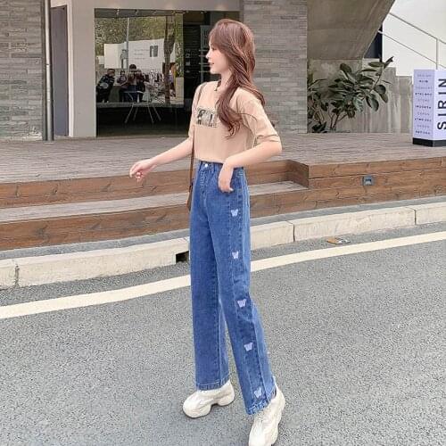 Women Straight High Waist Retro Jeans Butterfly Embroidery Streetwear Simple Fashion Womens Heart-shaped Print Denim Trousers