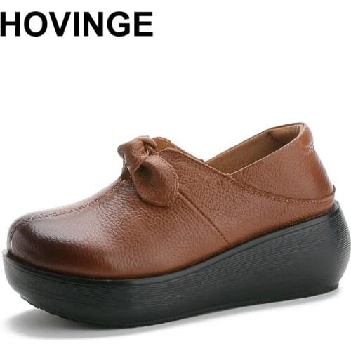 HOVINGE New Autumn Retro Bow Genuine Leather Shoes Woman Elegant Comfort Platform Shoes High Heels Wedges Fashion Casual Shoes
