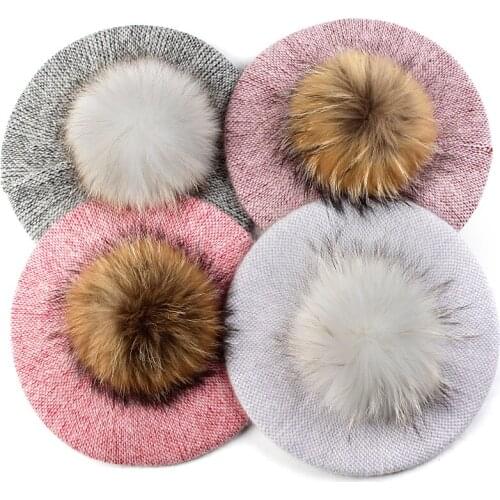 Charm Wood Beret Hat For Women Solid Color Slouchy Winter French Style Bonnet Caps Girls Lady Female Adult With Real Fur Pompom