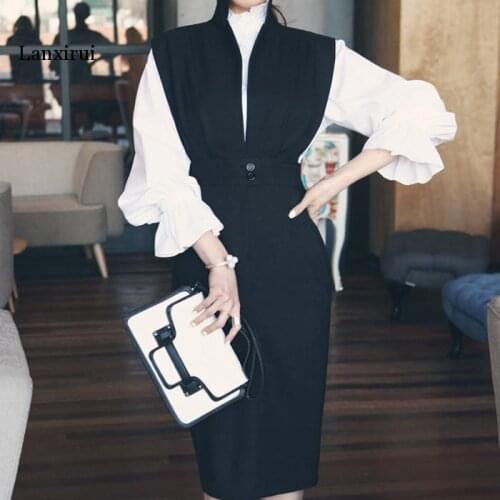Womens Set Dress Stand Collar Sleeveless Deep V-neck Slim Pencil Dress 2pcs OL Shirt Dress Fashion Mid Dress Vestidos Robe
