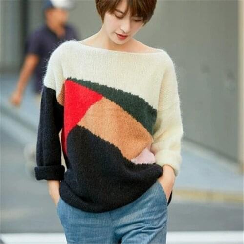 100% hand made wool knit women fashion contrast color patchwork slash neck loose thin pullover sweater customized