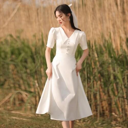 New Satin Bride Dress Wedding Engagement Reception Dresses Tea length Short Sleeves V neck robes de mariage dresses for women