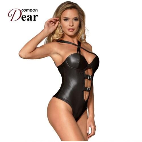 Comeondear Women Underwear Bodysuit Faux Leather Solid Porno Crossed Shoulder Strap Erotic Body Teddy Lingerie Suit RA80620