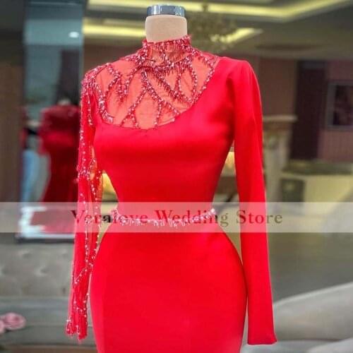 Red Prom Dress Mermaid 2021 Vestido De Festa Custom Made Long Sleeve Beaded Formal Party Gowns For Woman Night Wear