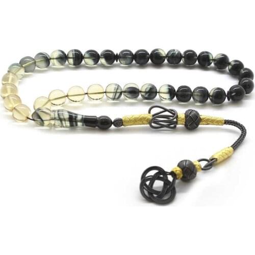 Tesbihane 1000 Sterling Silver Kazaz Tassels Sphere Cut Filtering Black Fire Amber Prayer Beads
