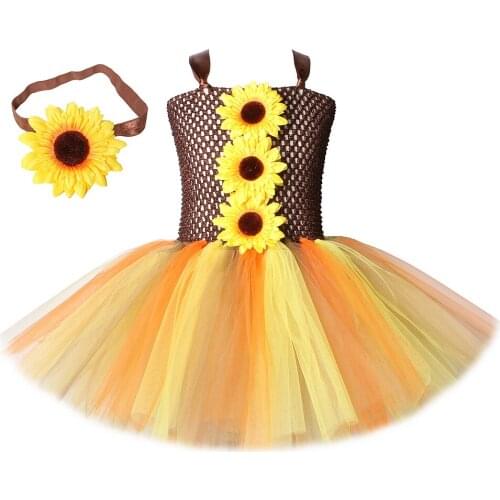 Kids Sunflower Tutu Dress Girls Fancy Fairy Costumes for Fall Woodland Halloween Princess Dresses with Headband Children Outfits