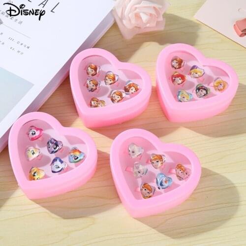 Disney Anime Princess Ring 6Pcs 1set Frozen Rings for Girls Jewelry Heart Display Box Elsa Play Toys Kids Ring Set Jewelry