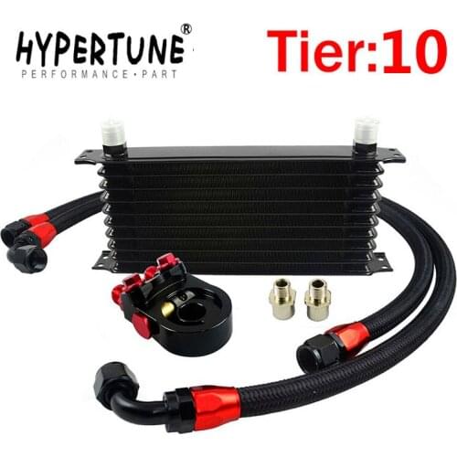 Hypertune - Universal 10 ROWS Trust type OIL COOLER KIT +AN10 Oil Sandwich Plate Adapter with Thermostat+2PCS BRAIDED HOSE