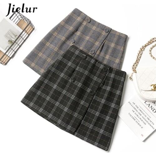 Jielur Plaid Woolen Mini Skirts Womens Autumn Winter 2021 Slim New Chic Saia Faldas Women Skirt High Waist Button A-line Skirts