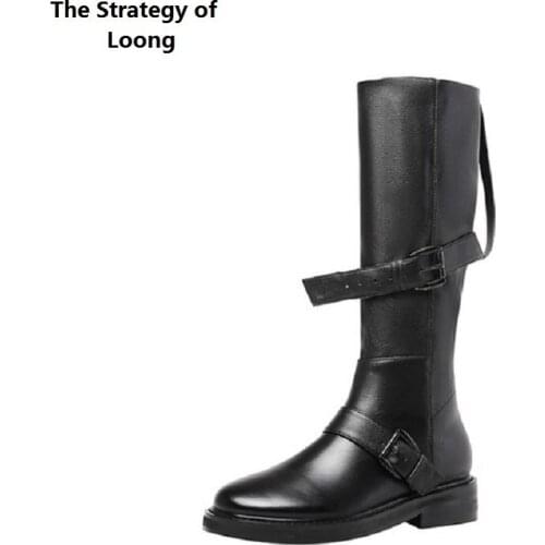Spring Autumn New Arrival European American Style Chunky Thick Low Heels Buckle Slip-On Women Knee High Long Knight Boots 0808