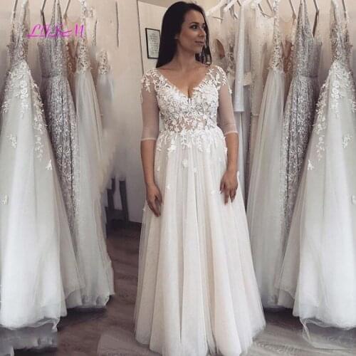 Simple Wedding Dresses V-Neck Appliques Lace Plus Size Wedding Gowns Floor Length Half Sleeves Bride Dress 2020