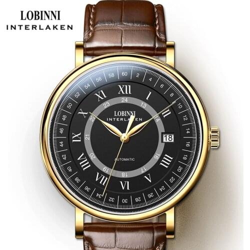 LOBINNI Luxury Men Business Automatic Mechanical Watch Genuine Leather Strap Sapphire Glass Waterproof 50M Male Wristwatch