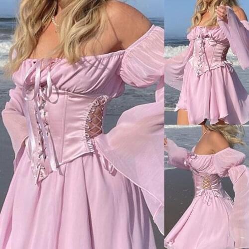 Pink Chiffon Dress Women Casual Dresses Summer Vaction Party with Long Flared Sleeves Hollow Waist Bandage Off-Shoulder