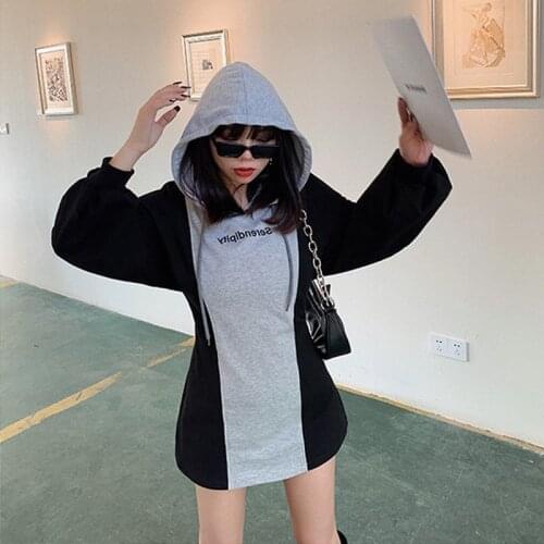 Back Strap Sweatshirts Color Contrast Sweatshirt Women Spliced Loose Hoodies Design Sweatshirts Dress Waistband Hooded Dress