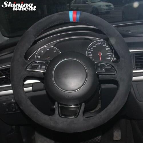 Shining wheat Light Blue Red Blue Marker Black Suede Car Steering Wheel Cover for Audi A1 A3 A5 A7