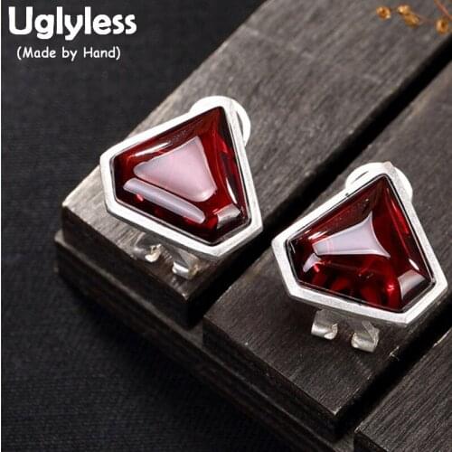 Uglyless Real S 999 Fine Silver Women Dress Stud Earrings Natural Chalcedony Brincos Irregular Triangle Jewelry Handmade Bijoux