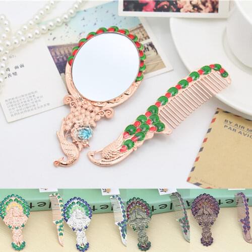Vintage Mirror Comb Set Makeup Vanity Desk Kit Mini Handheld Mirror Retro Peacock Pattern MA
