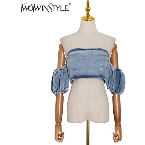 TWOTWINSTYLE Sexy Denim Women Shirts Slash Neck Puff Short Sleeveless Short Ruched Blouses For Female Fashion Clothes 2020 Tide