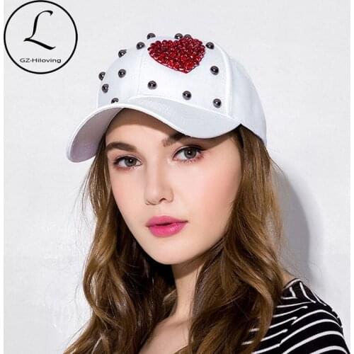 GZHILOVINGL Heart Shape Womens Rhinestone Hats Pearls Girls Snapback Cap Fashion Baseball Hip Hop Hats Sport Summer Cute Gorras
