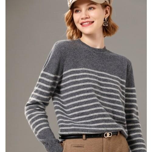 Womens pullover 2021 fall/winter new 100% wool sweater casual striped cashmere sweater O-neck knitwear ladies tops thick hot